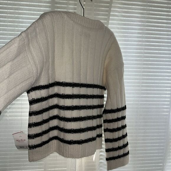 Lucky Brand L-XL White Black Stripe Cable Knit Button Front Wool Blend Cardigan - Picture 10 of 16